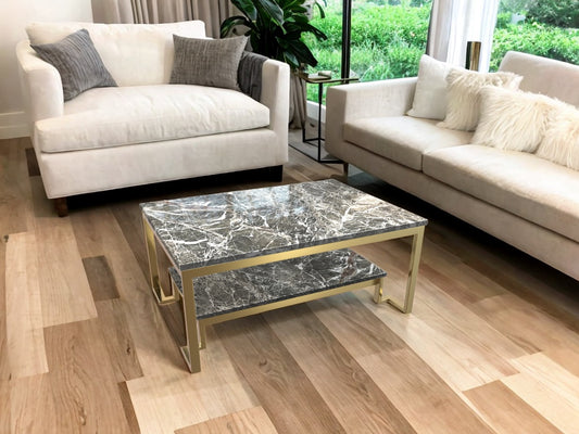 2-Tier Genuine Marble-Top Coffee Table for Timeless Sophistication