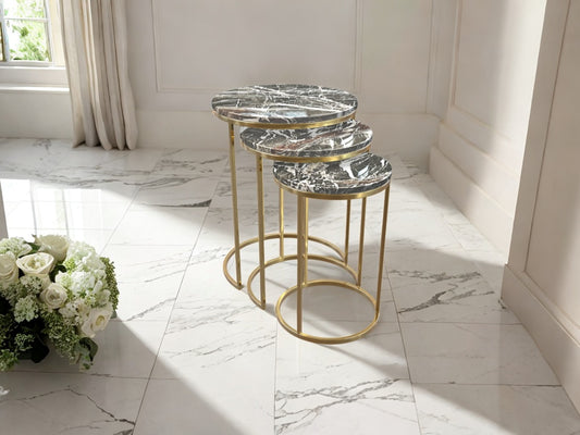 Marble-Top Metal Frame Nesting Tables - Set of 3