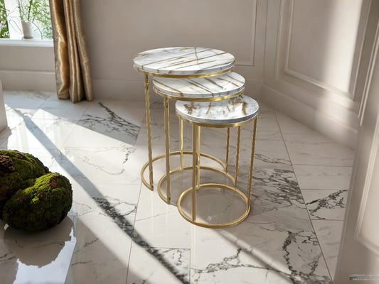 Marble-Top Metal Frame Nesting Tables - Set of 3